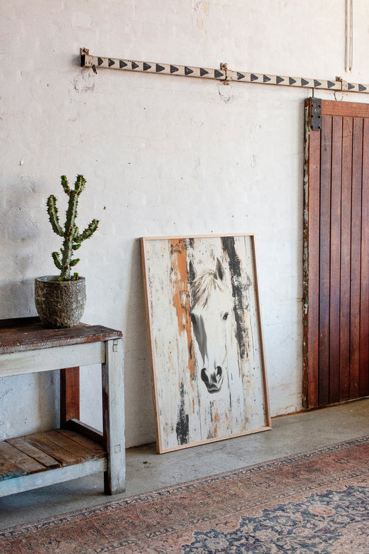 White Horse Against Rustic Planks