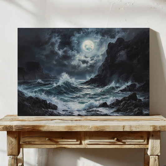 Moonlit Waves Break Against Cliffs