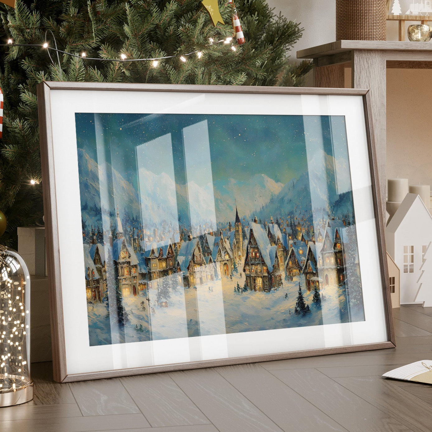 Winter Village Glows Under Mountain Stars