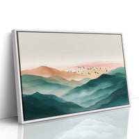 Birds Soar Above Misty Peaks