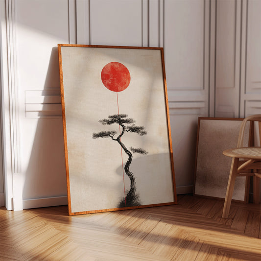 Minimalist Bonsai & Rising Sun – Japanese Zen-Inspired Wall Art