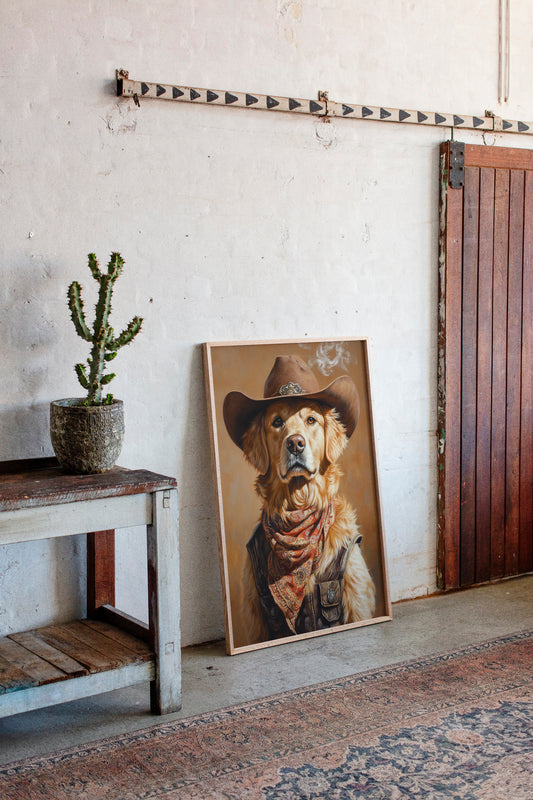 Golden Retriever Gunslinger in a Cowboy Hat