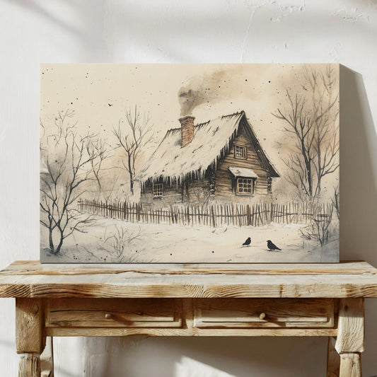 Winter Ravens Guard Frosted Cabin