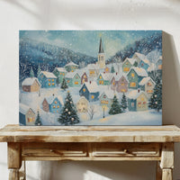 Snow Falls On Candlelit Village Windows