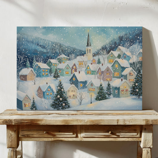Snow Falls On Candlelit Village Windows