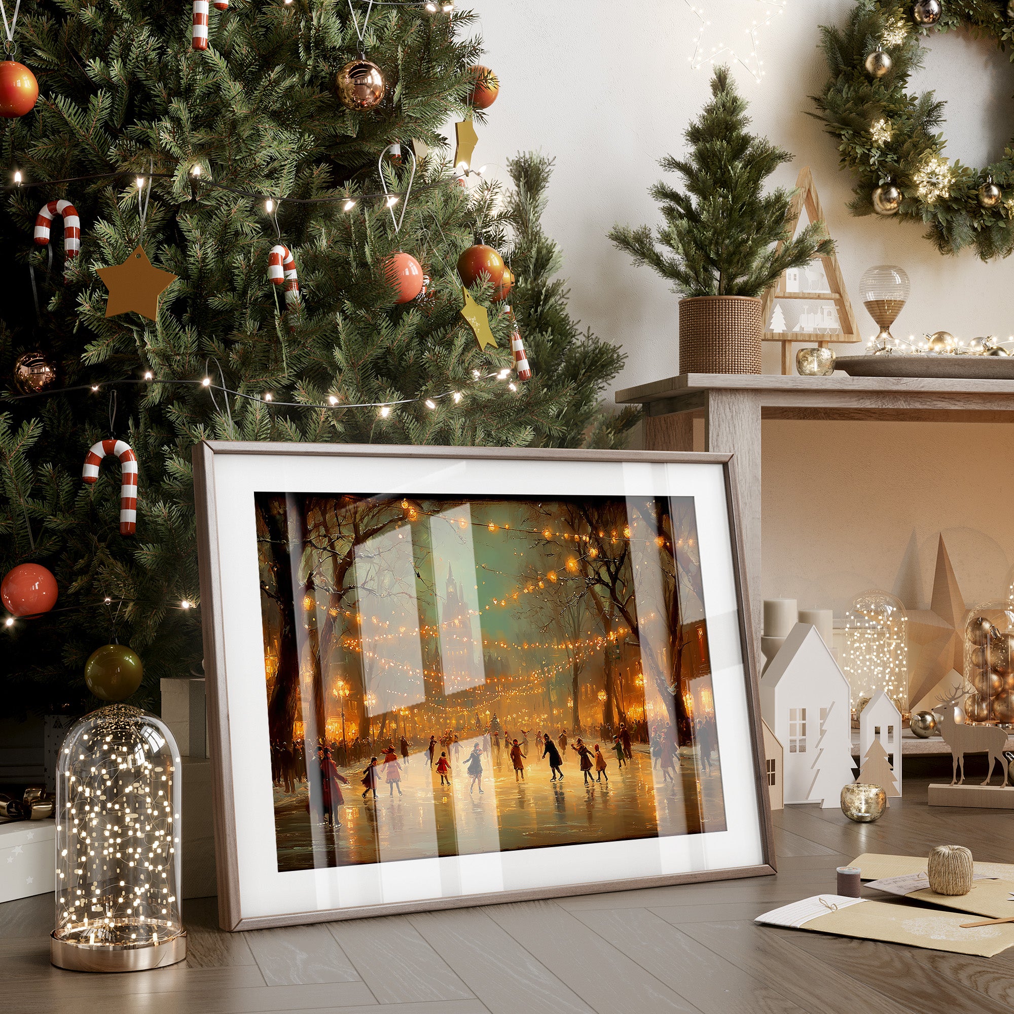 Winter Skaters Dance Under Golden Lights