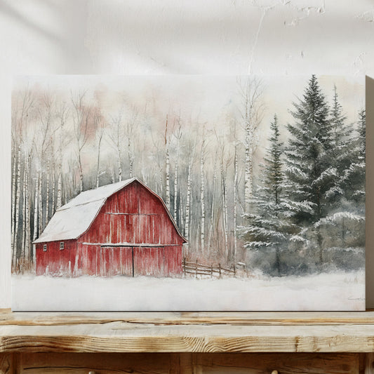 Red Barn Sleeps Among Winter Birch