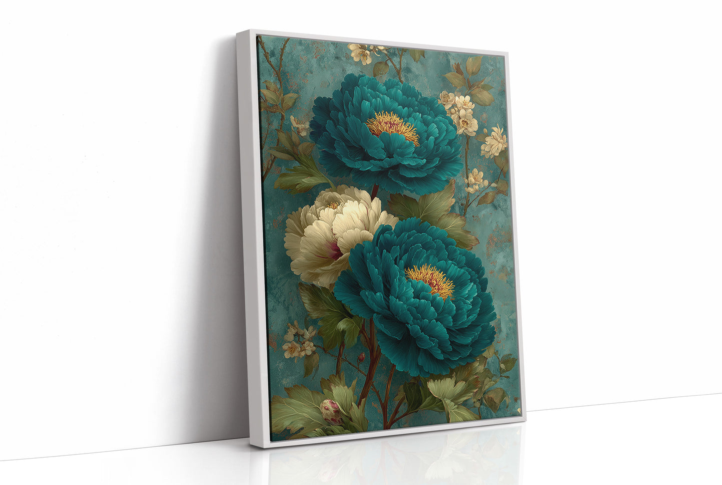 Teal Peonies on a Weathered Wall
