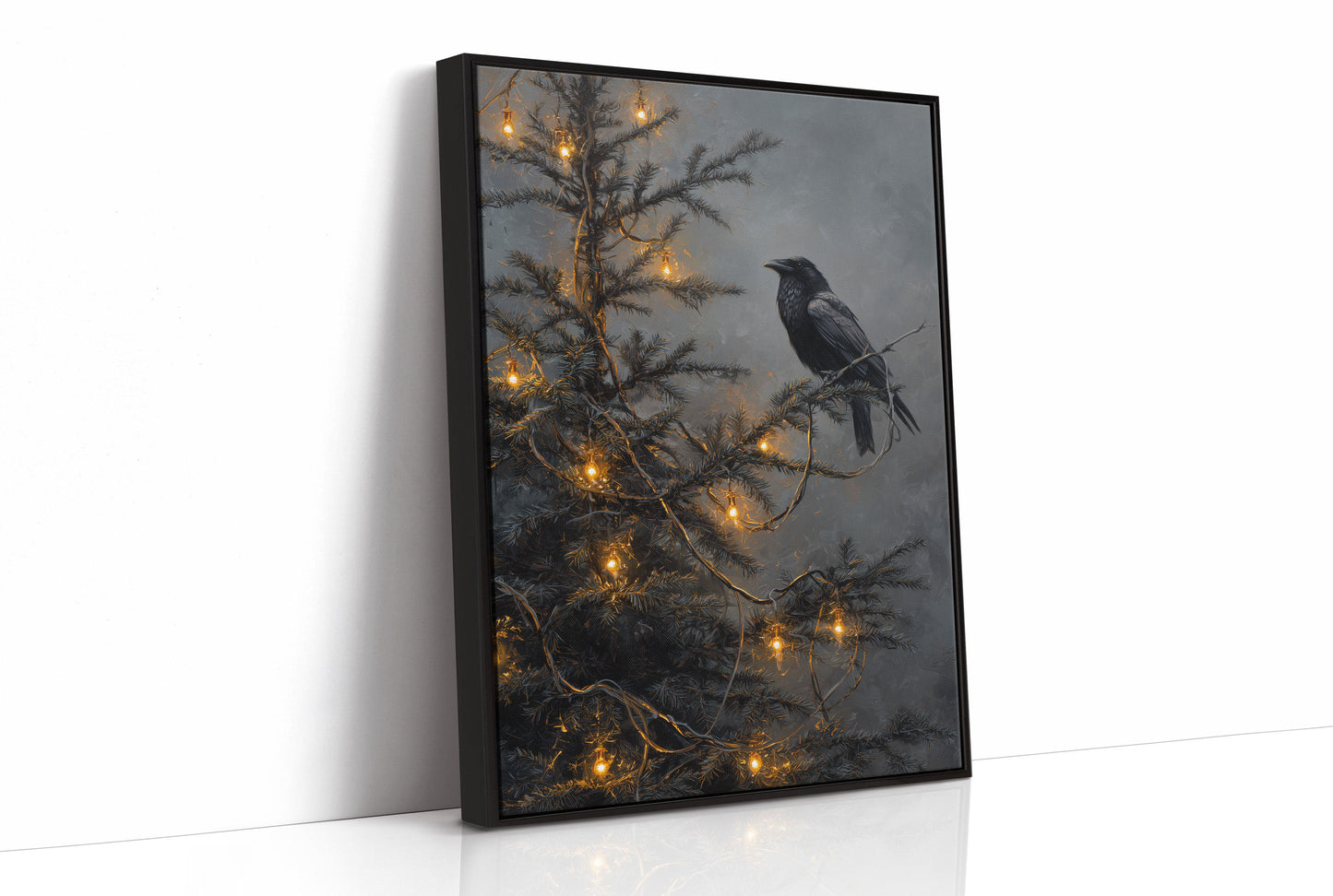 Raven Perches Among Winter Lights