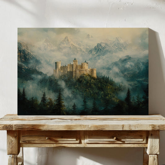 Misty Mountain Castle: Ethereal Fantasy Landscape Canvas Wall Art
