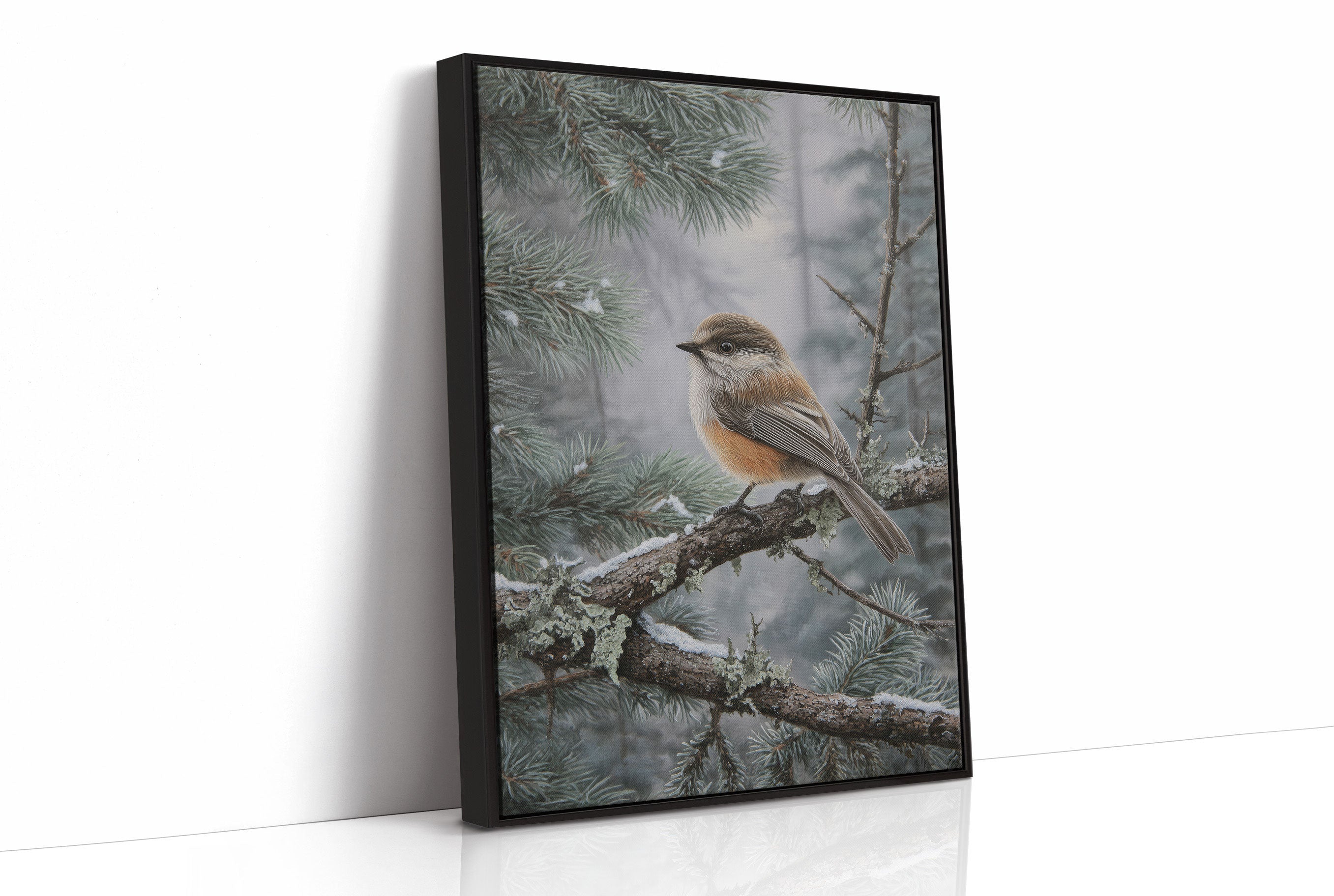 Winter Songbird Perches Among Pines