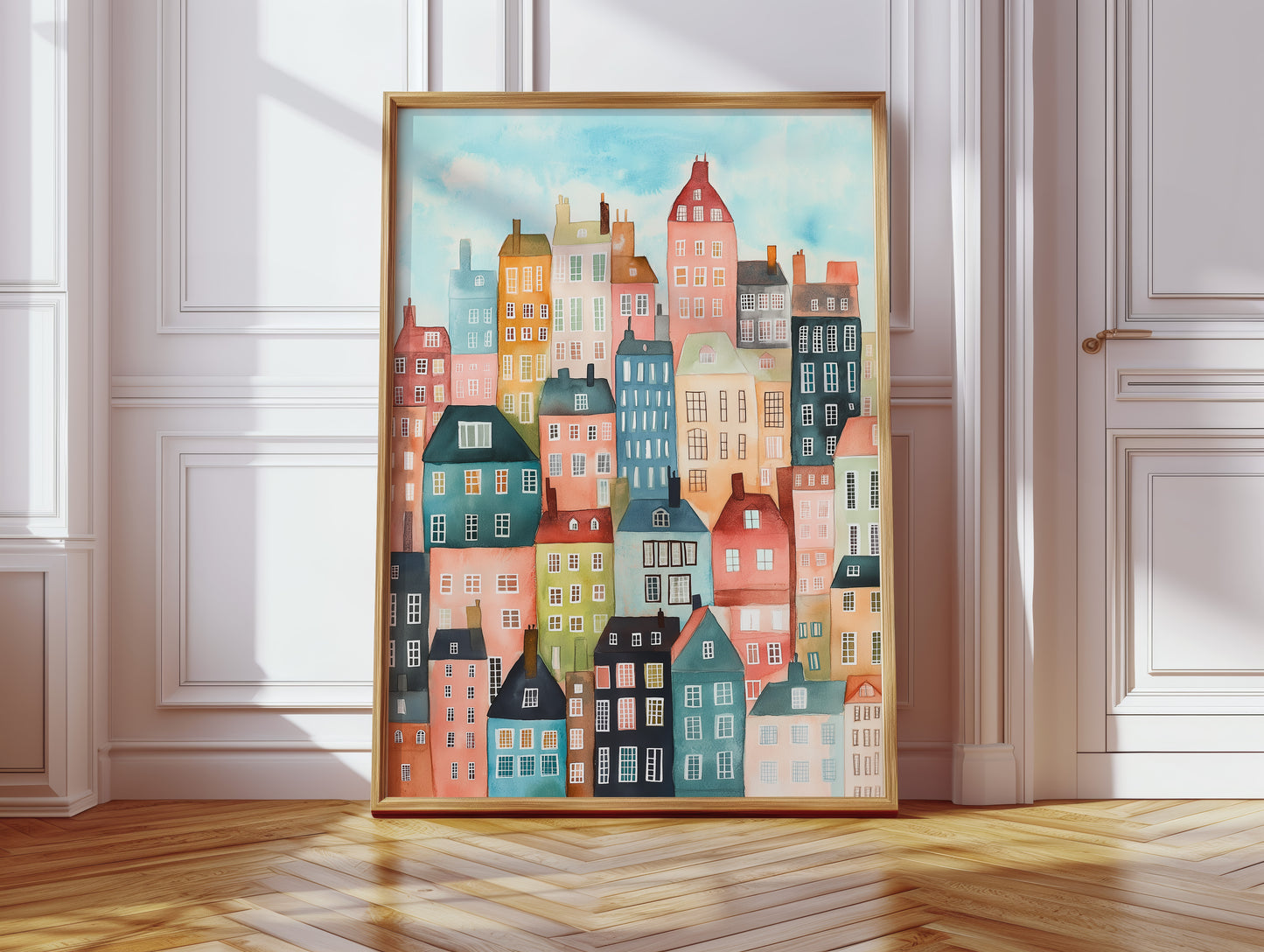 Colorful City Rowhouses Watercolor Print