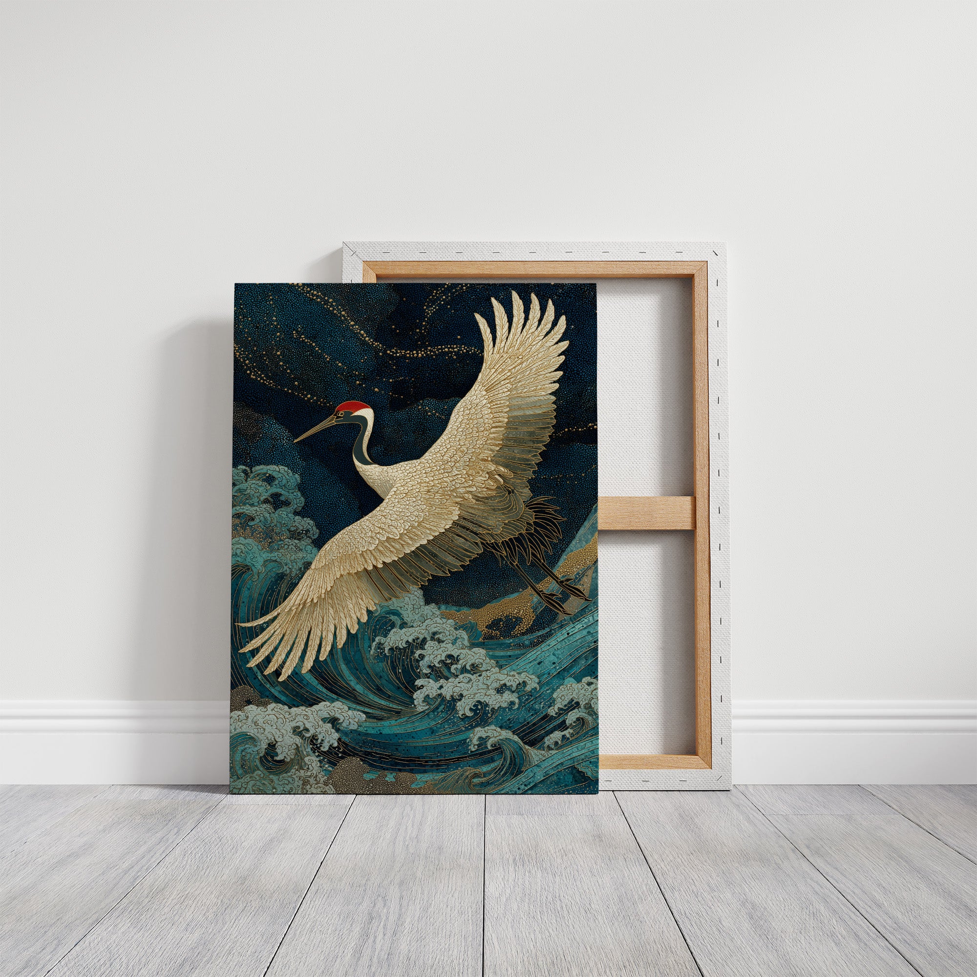 Crane Soars Through Starlit Waves