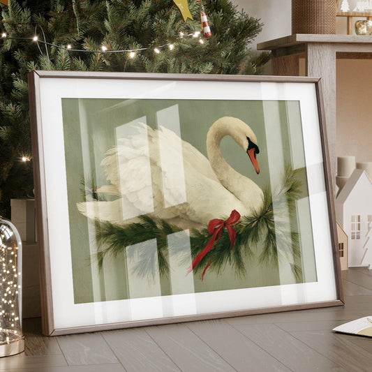 Winter Swan Among Pine Branches