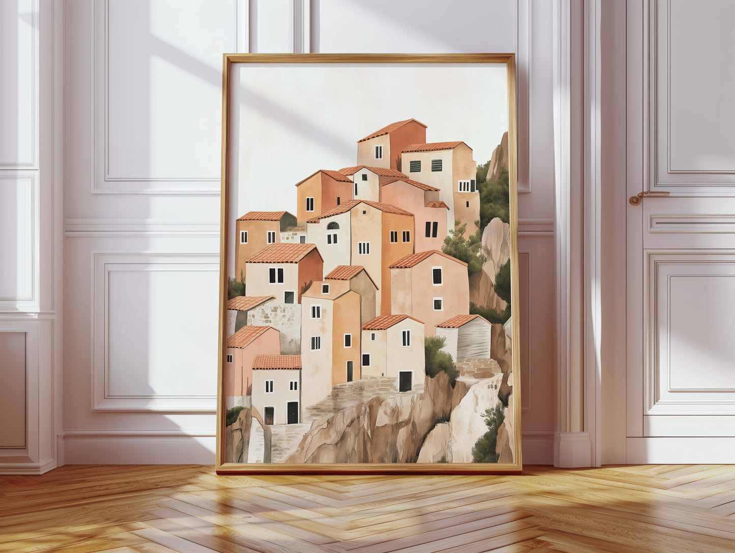 Sunlit Cliffside Village in Warm Earth Tones
