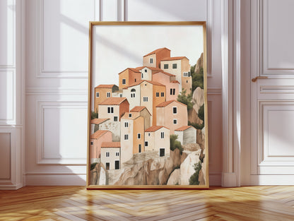 Sunlit Cliffside Village in Warm Earth Tones