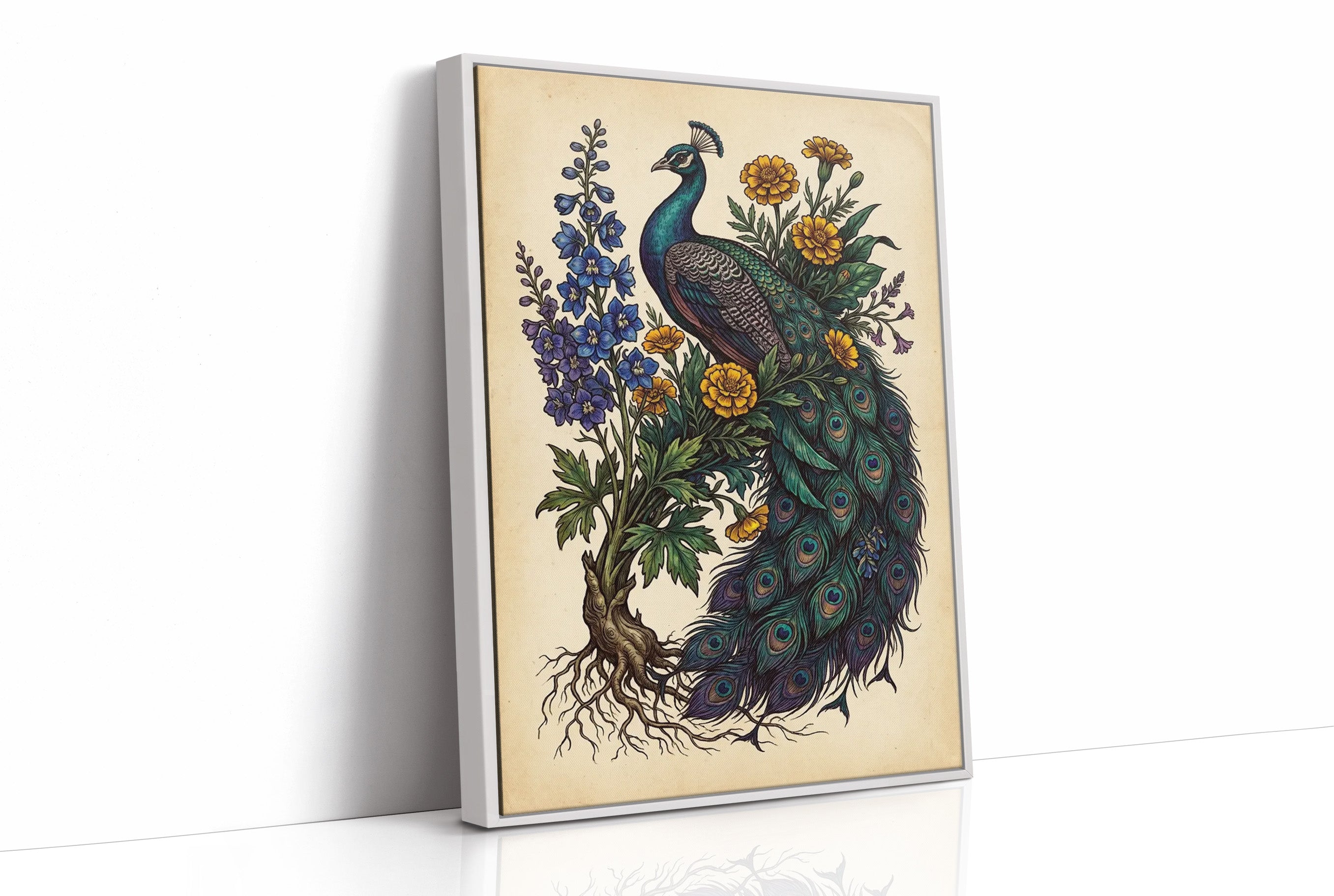 Peacock and Marigolds