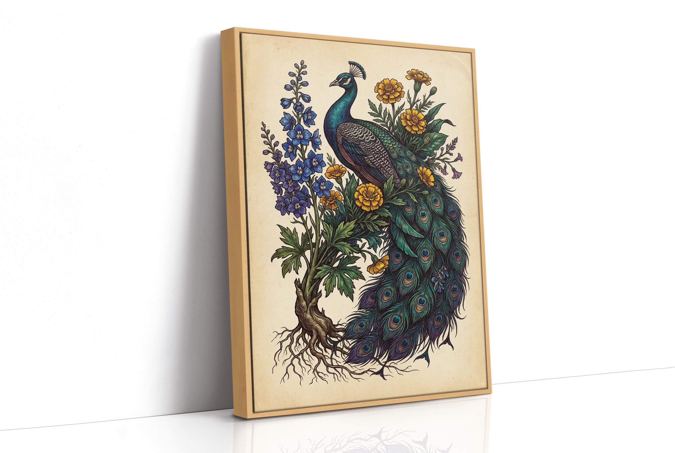 Peacock and Marigolds