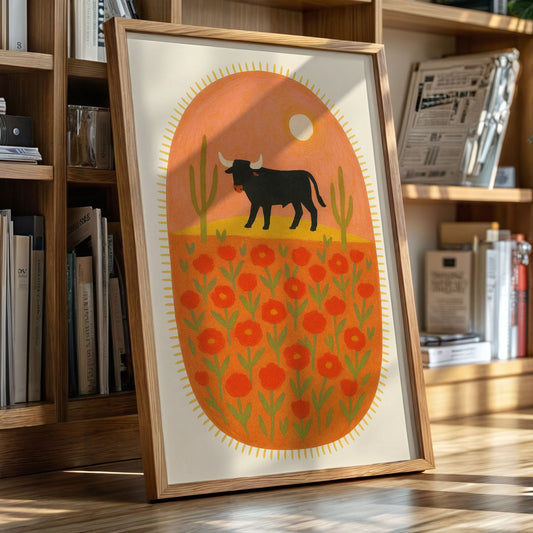 Desert Bloom with Bull at Sunset