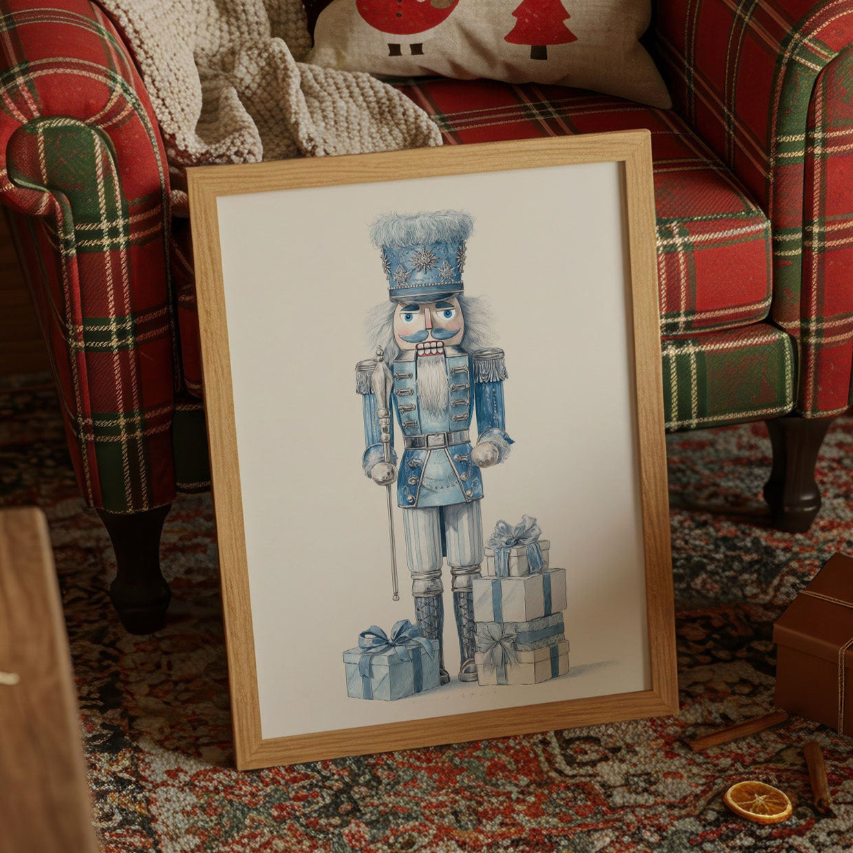 Blue Nutcracker Guards Winter's Treasures