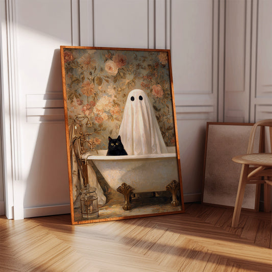 Ghostly Cat In Bathtub Canvas - Whimsical Vintage Art - Gallery Canvas image 4