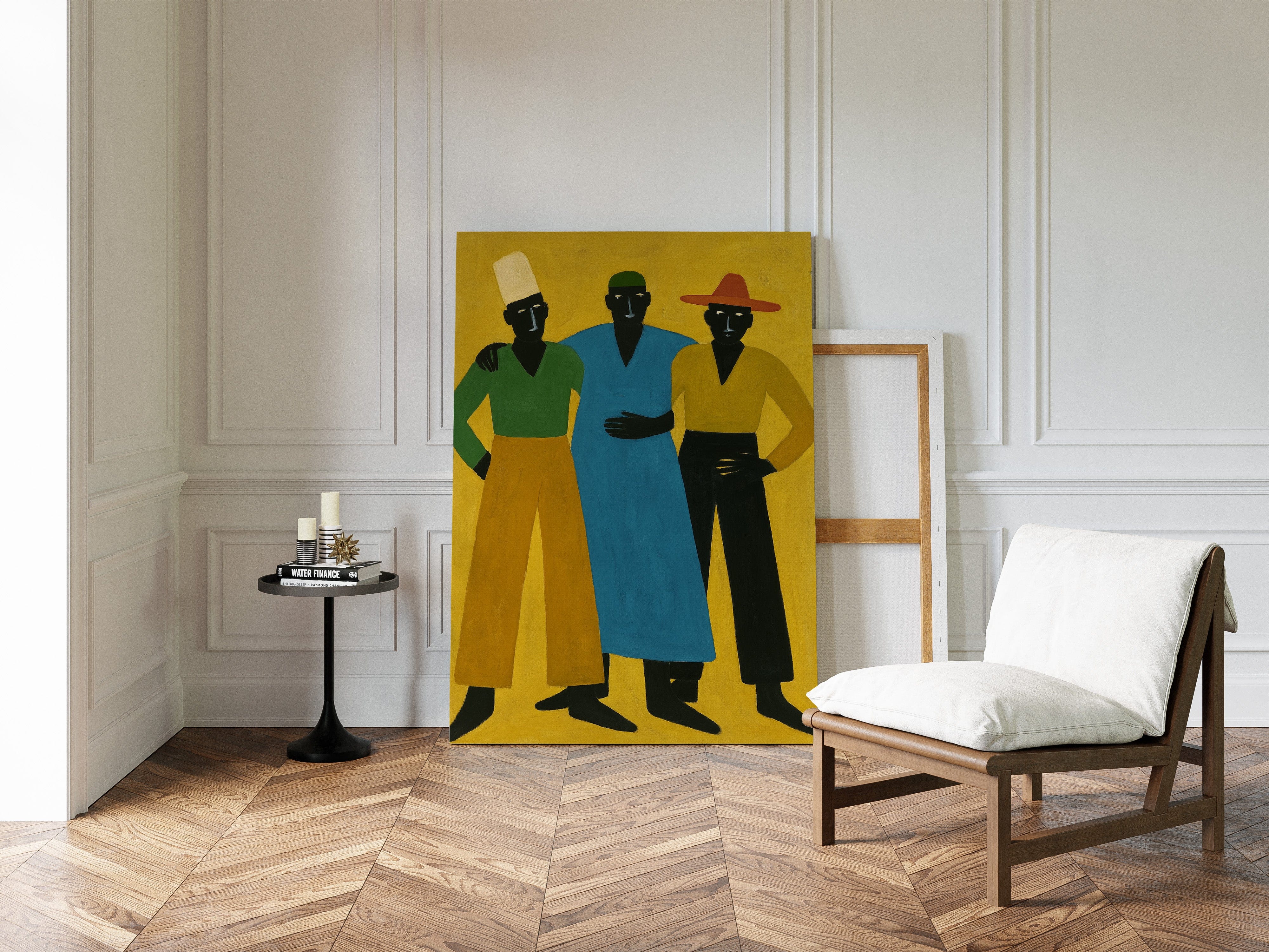 Three Figures Stand In Golden Light