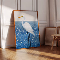 White Egret in Snowfall – Elegant Minimalist Bird Wall Art