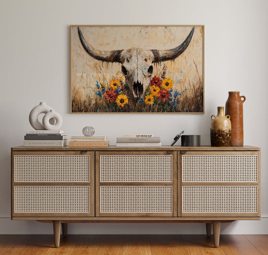 Longhorn Skull with Wildflowers