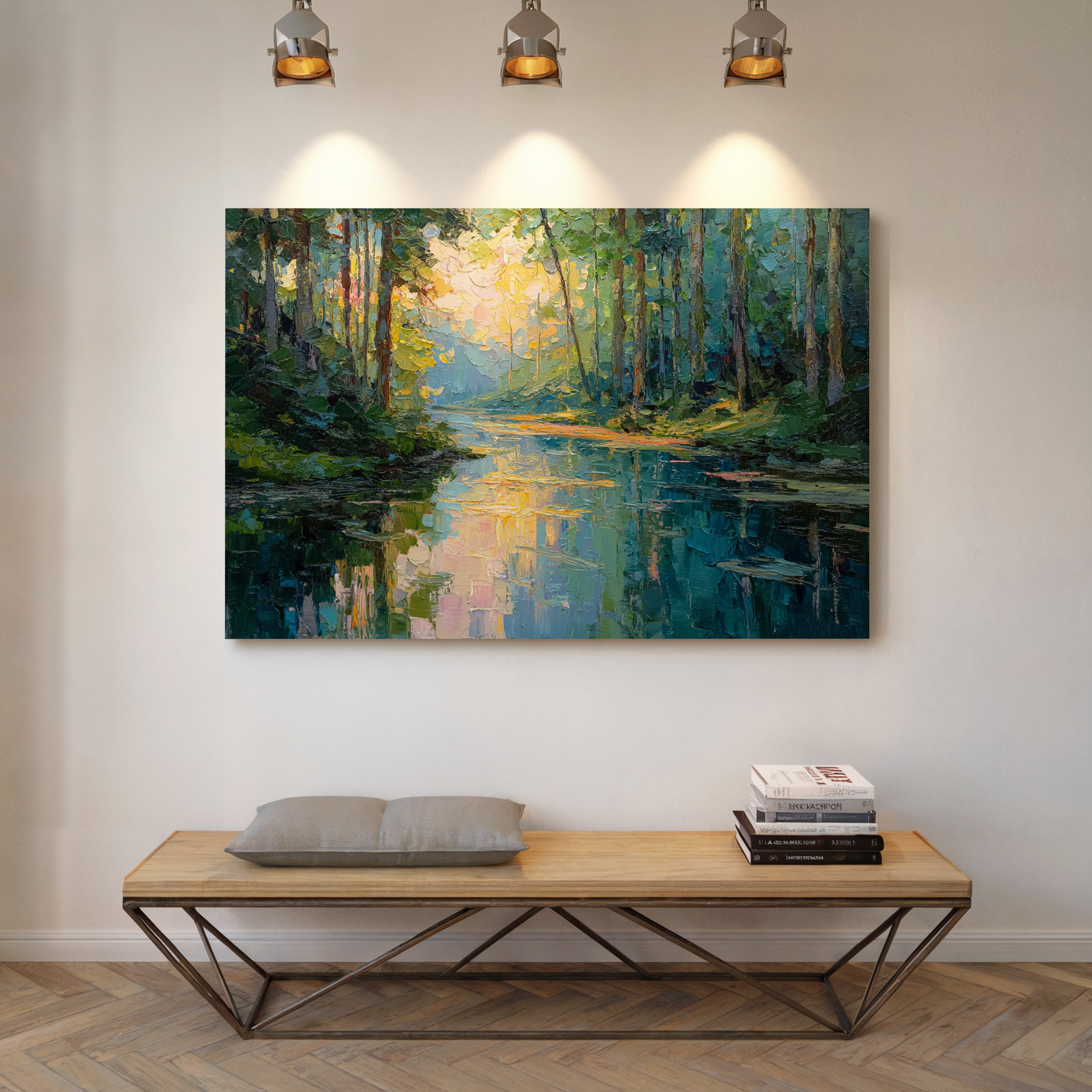 Sunlit Waters Between Tall Pines