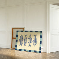 Vintage Fish Quartet on Checkerboard Blue