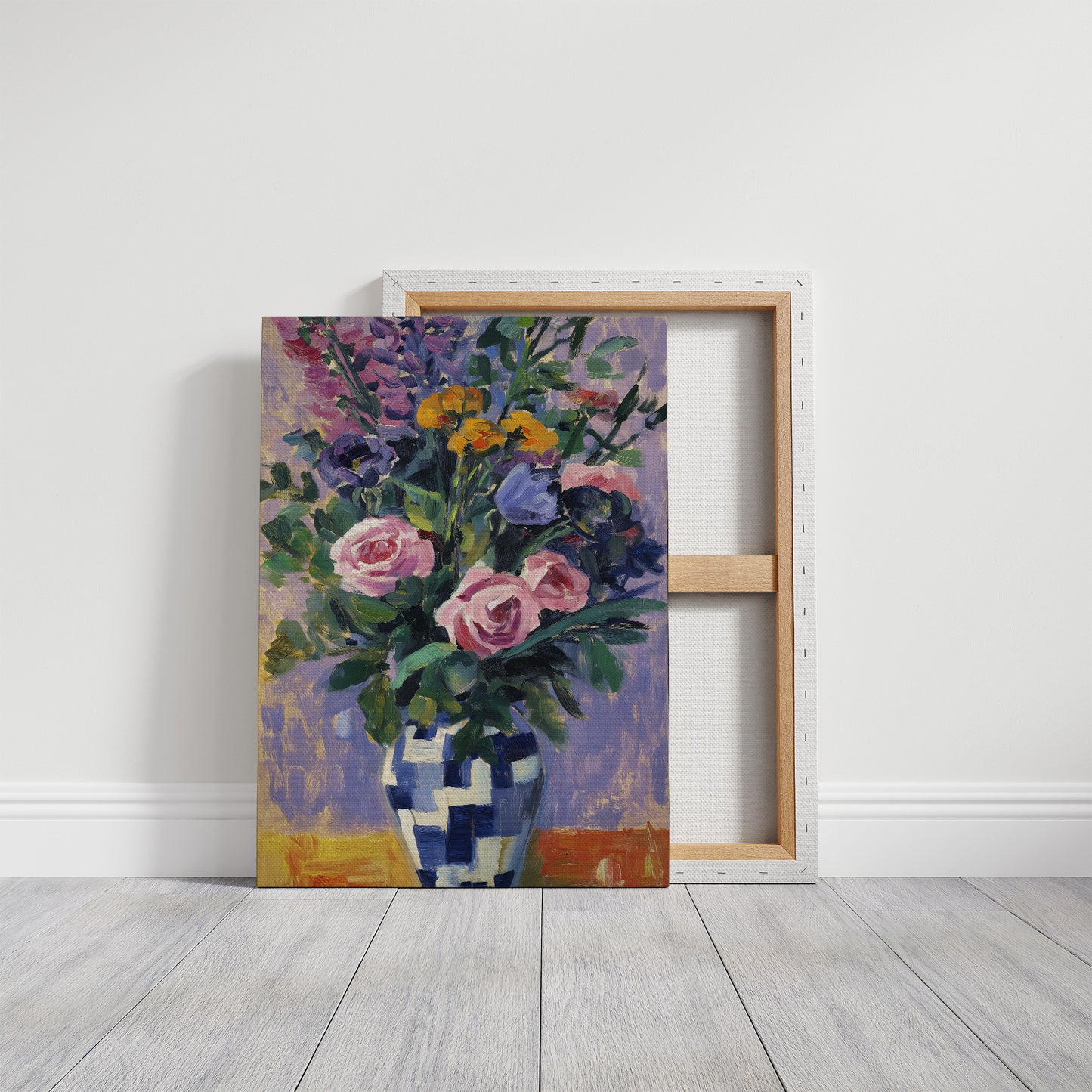 Vibrant Blooms in Checkered Blue