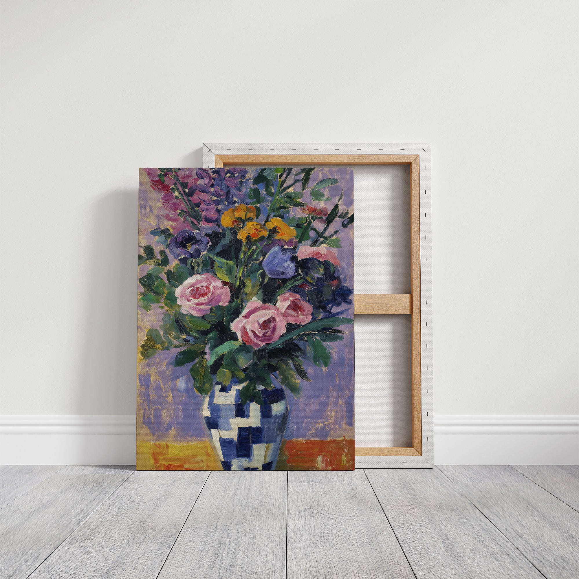 Vibrant Blooms in Checkered Blue