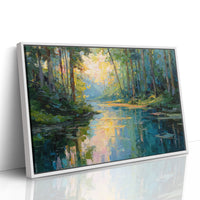 Sunlit Waters Between Tall Pines