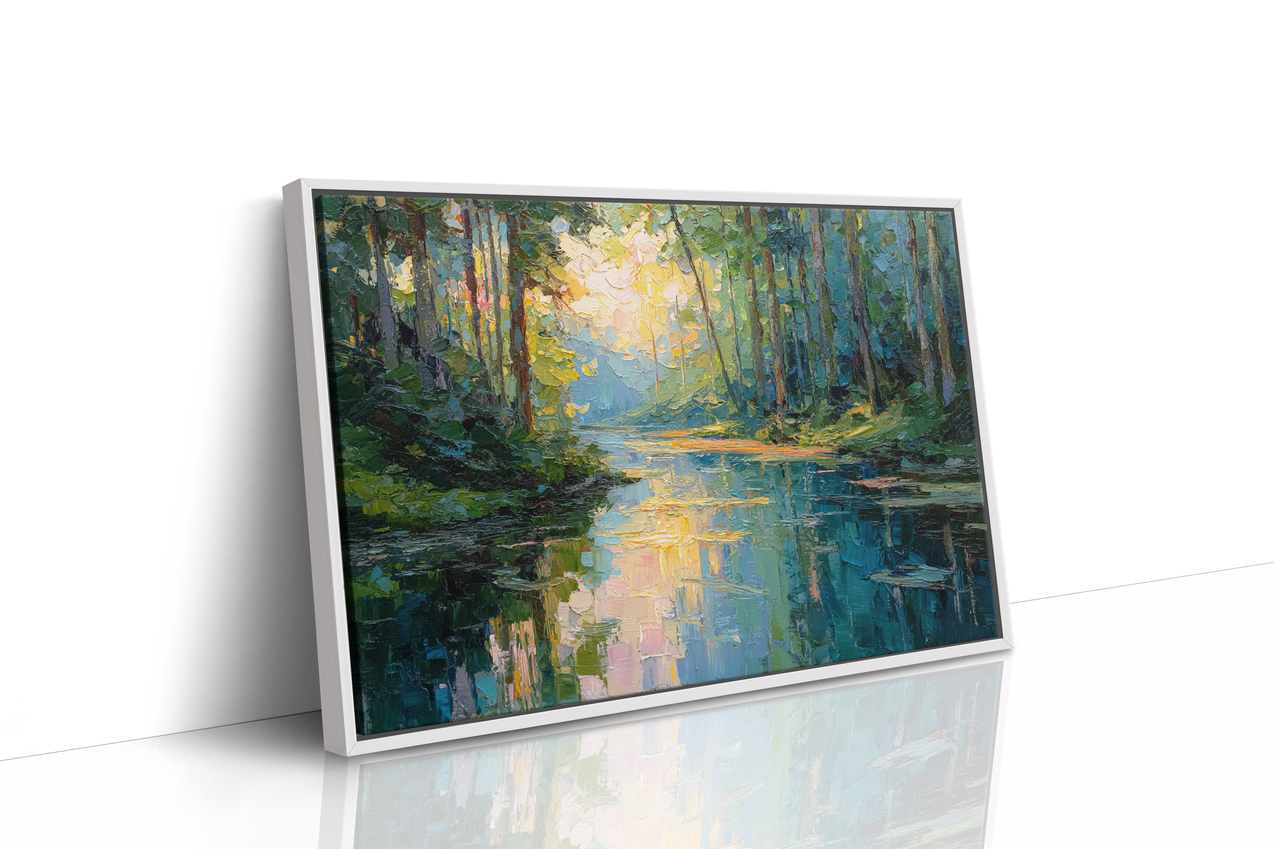 Sunlit Waters Between Tall Pines