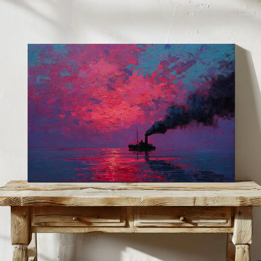 Steamship Sails Through Crimson Dawn