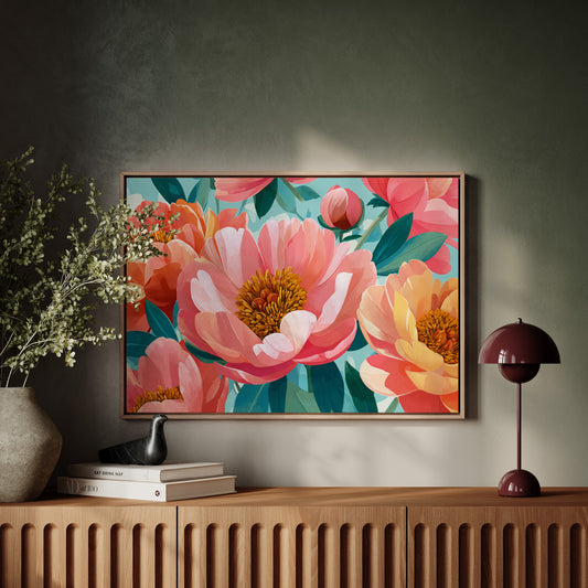 Coral Peonies Dance In Turquoise