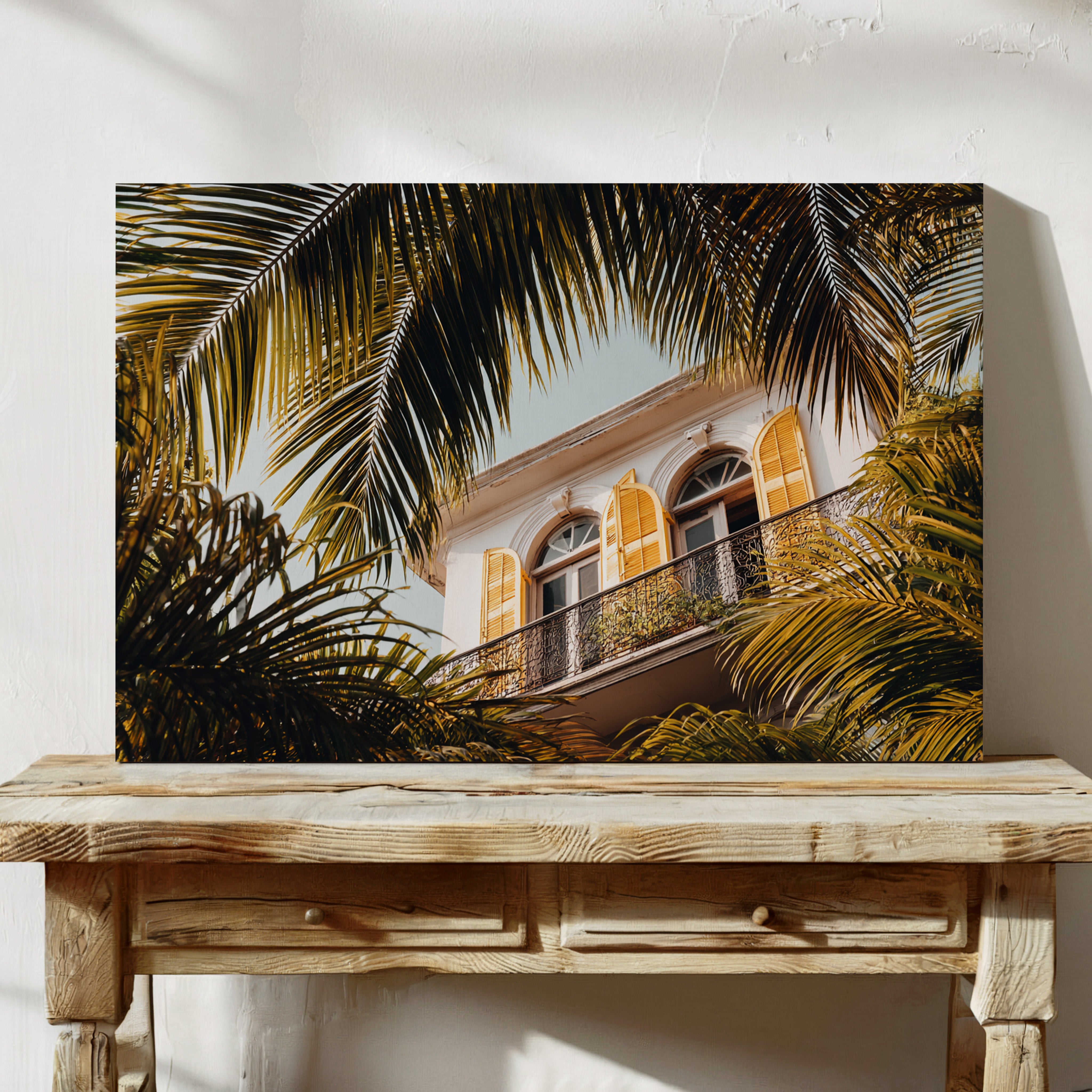 Golden Shutters Behind Palm Veils