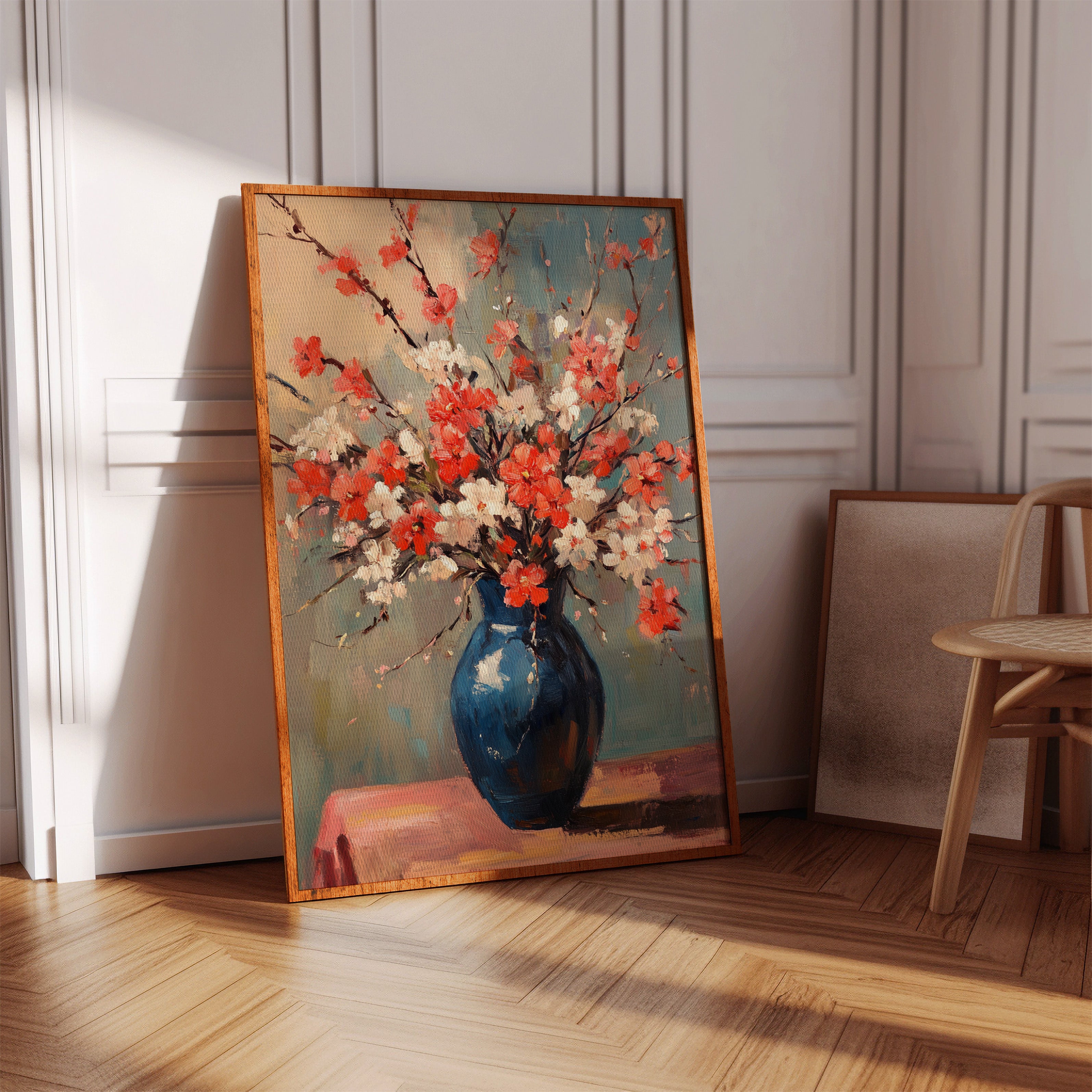 Cherry Blossom Oil Painting – Impressionist Floral Vase Wall Art