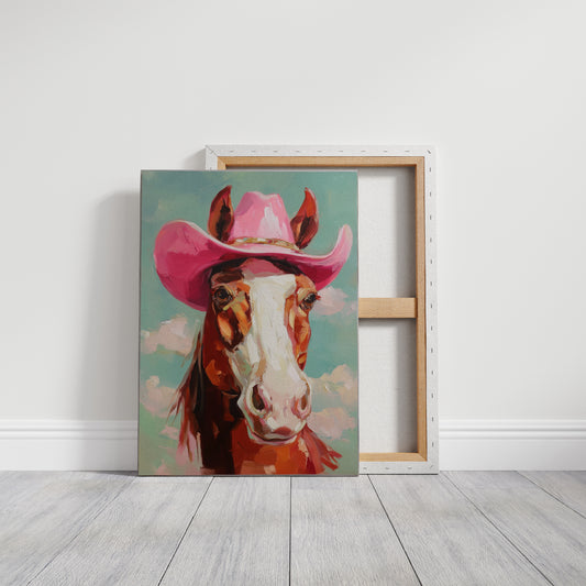 Pink Cowgirl Rides Through Turquoise Skies