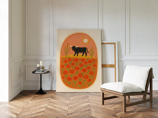 Desert Bloom with Bull at Sunset