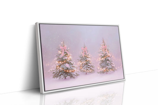 Pink Bows Dance Through Snow Light