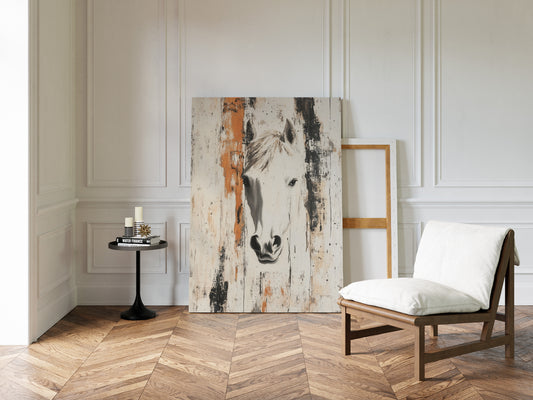 White Horse Against Rustic Planks