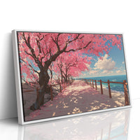 Cherry Blossoms Dance Above Ocean Paths