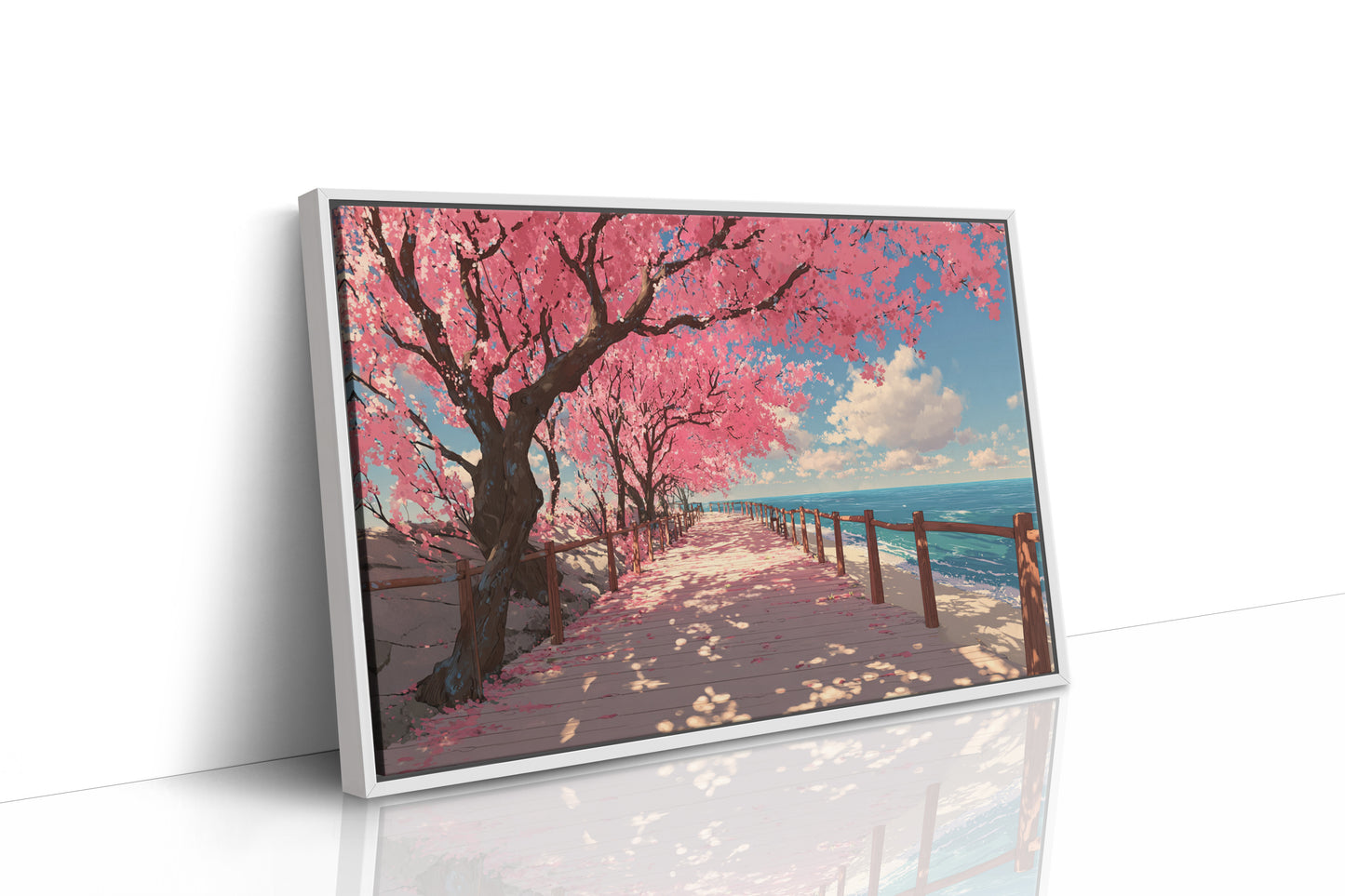Cherry Blossoms Dance Above Ocean Paths