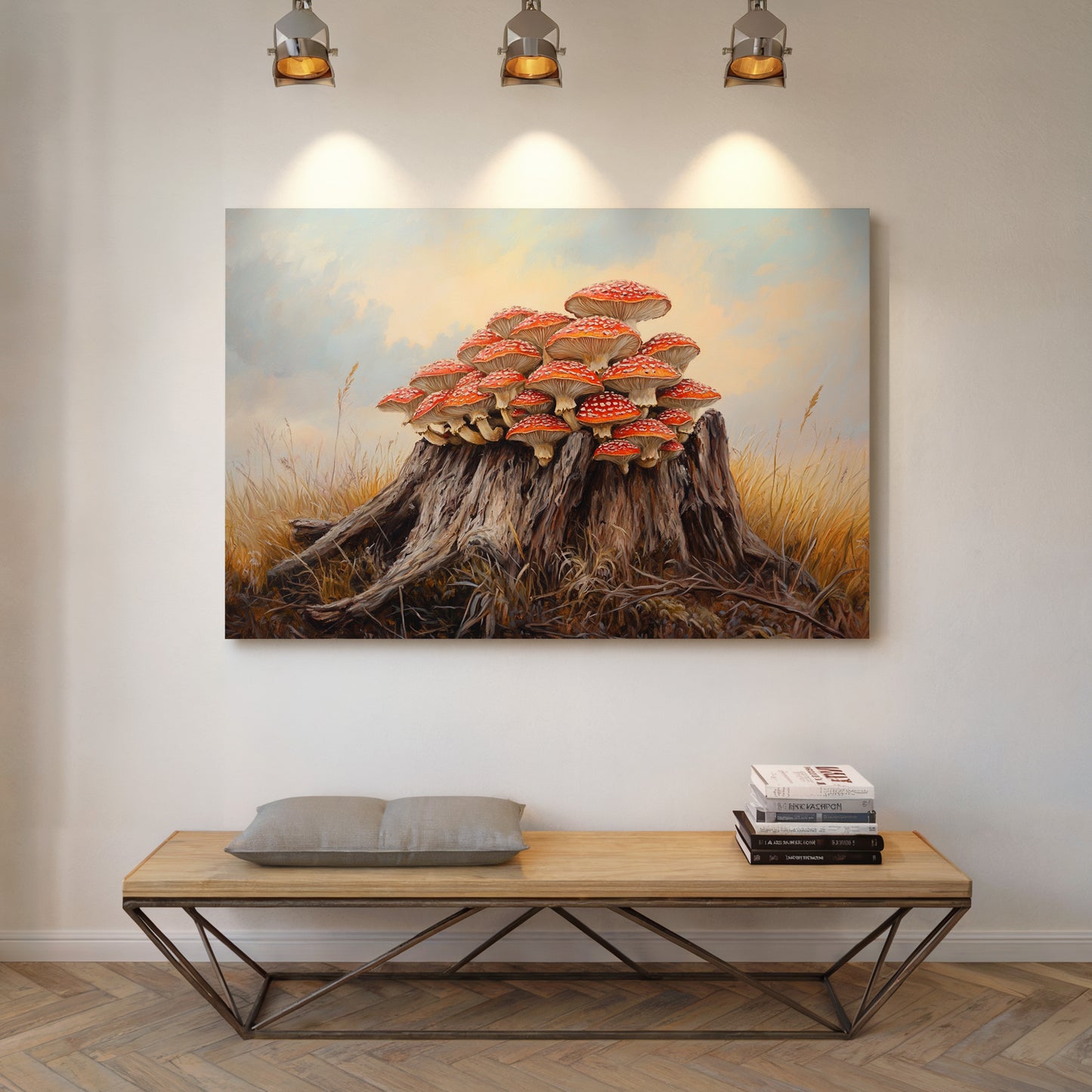 Red Mushrooms Crown Ancient Stump