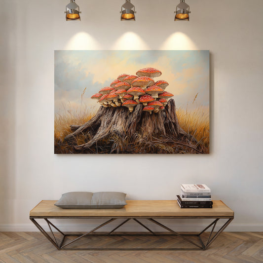 Red Mushrooms Crown Ancient Stump