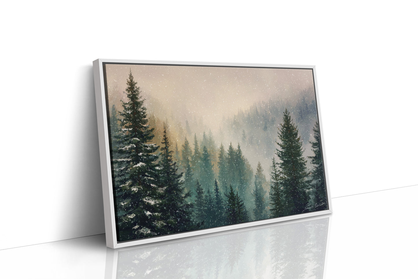 Snow Dances Through Evergreen Light