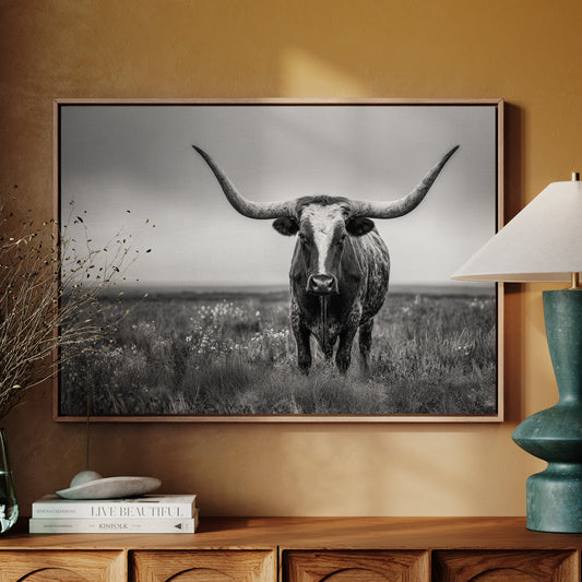 Framed black and white photo of a longhorn bull on a wall above a wooden cabinet with decor items.