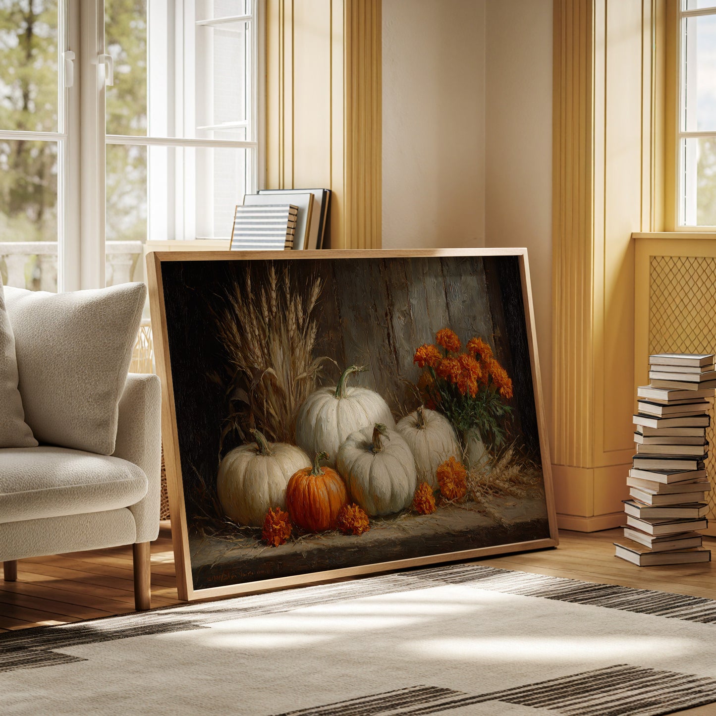 White Pumpkins Among Marigold Flames