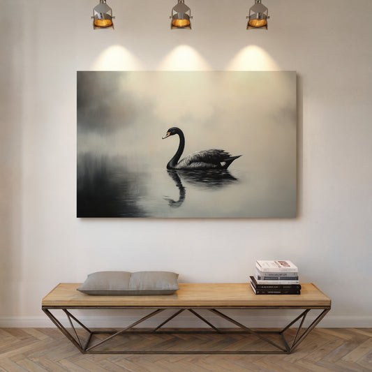 Black Swan Glides Through Morning Fog
